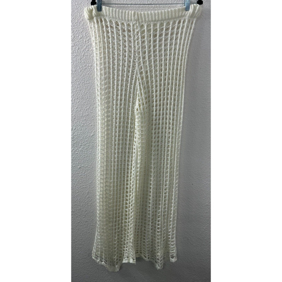 Cream Swim Cover Beach Pants Womens Crocheted Size M Wide Leg Scalloped Hem - Picture 8 of 9